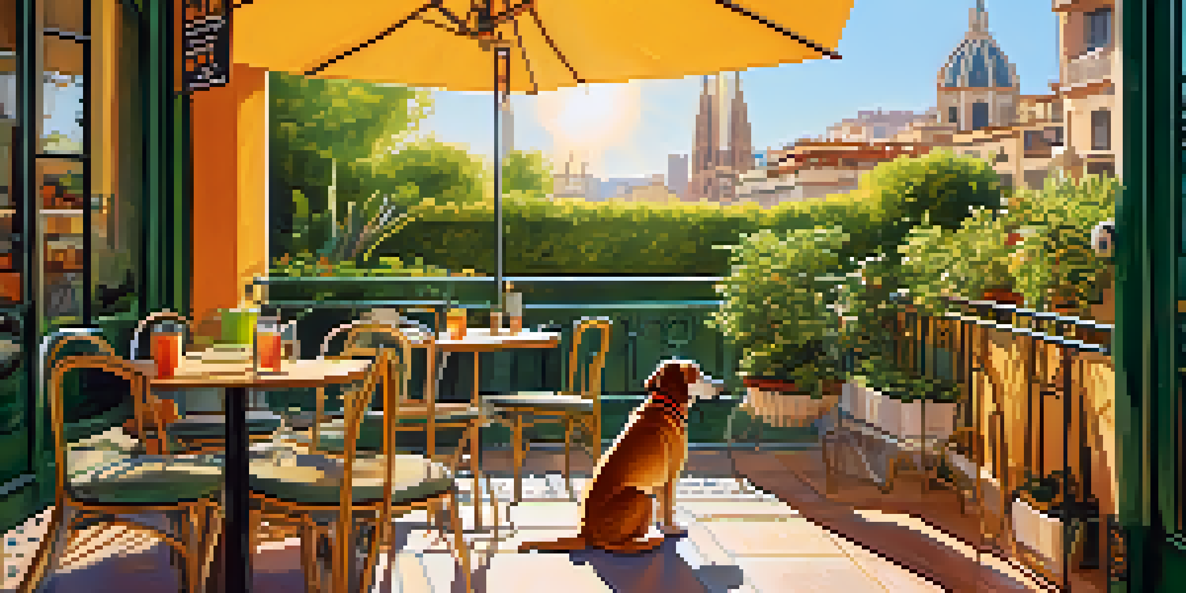 A vibrant terrace of a café in Barcelona with a dog lounging at its owner's feet, bright tables, and Gaudí architecture in the background.