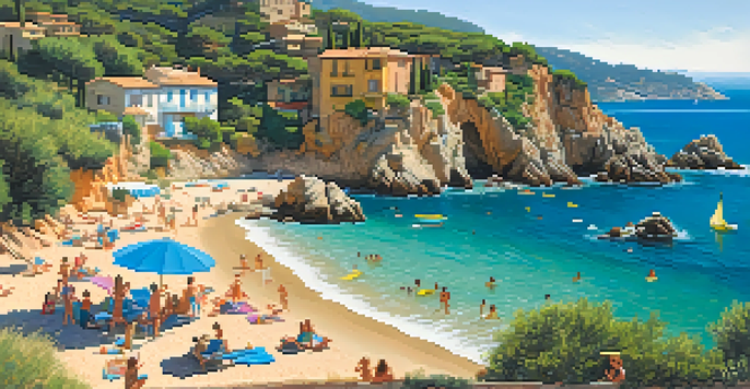 A picturesque coastline with families enjoying the beach, children playing in the waves, and green cliffs in the background.