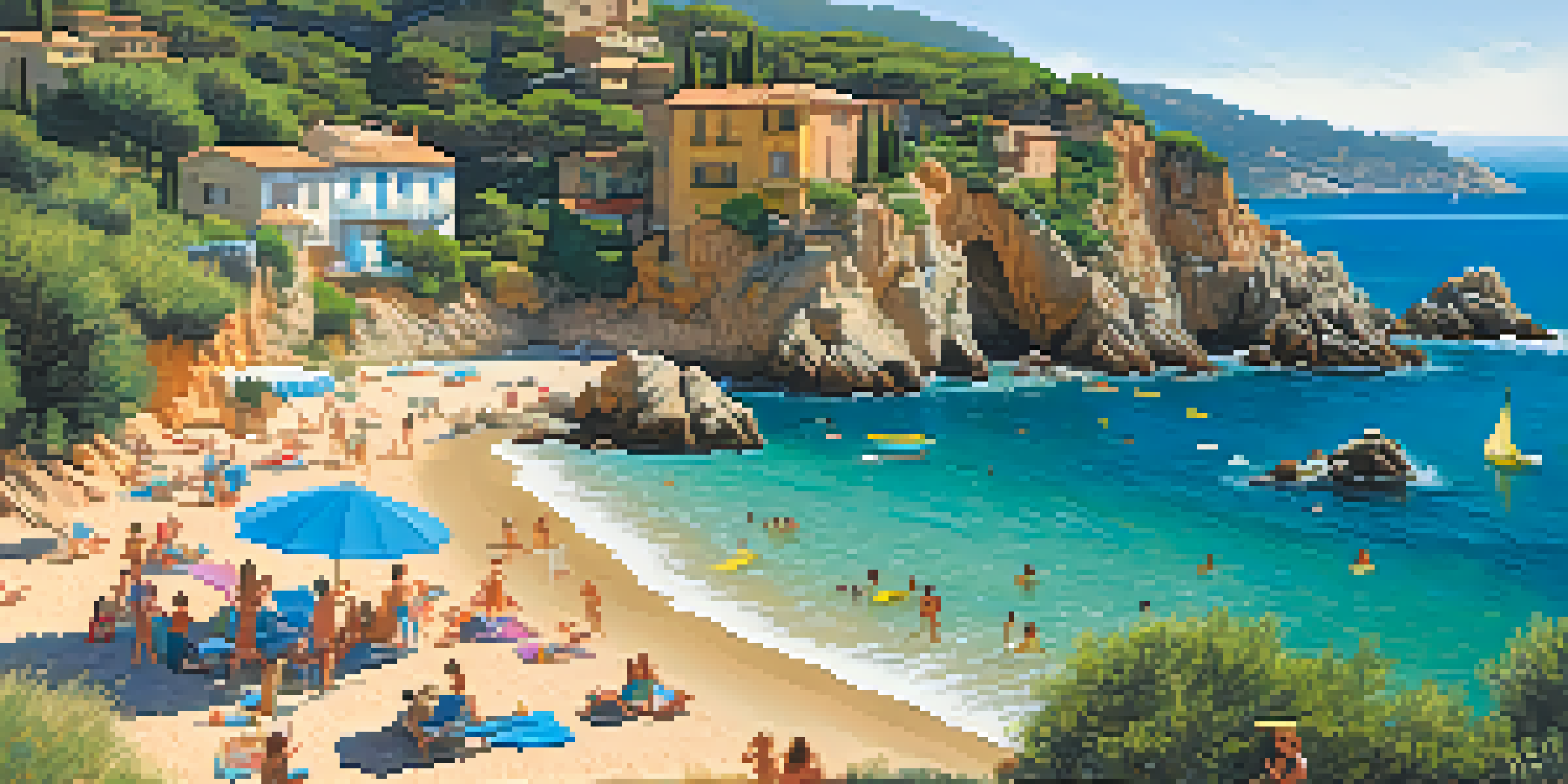 A picturesque coastline with families enjoying the beach, children playing in the waves, and green cliffs in the background.