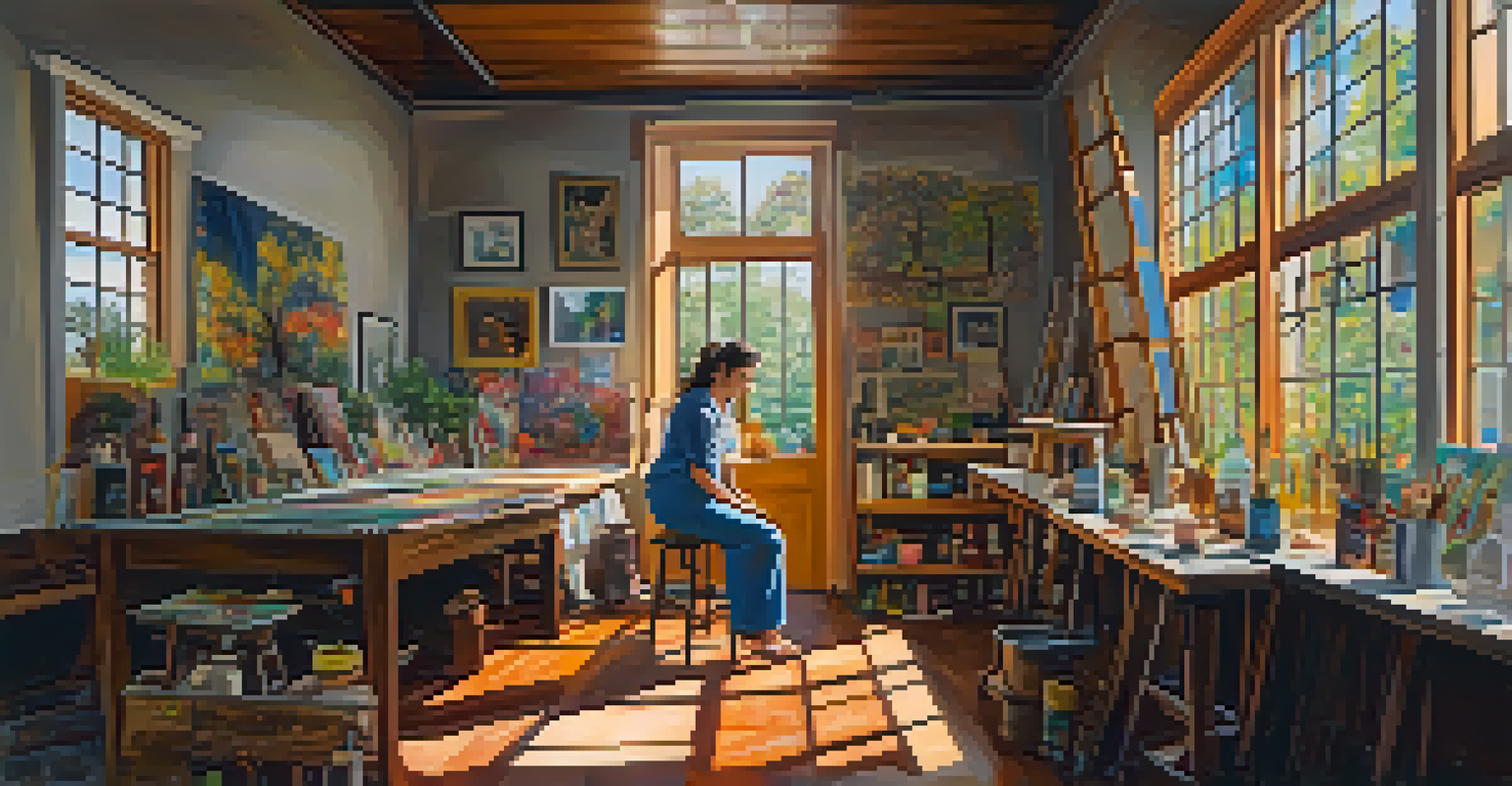 A cozy artist's studio filled with colorful local artwork, paint splatters, and a woman painting her heritage.