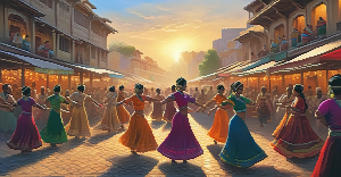 A lively traditional dance performance in a colorful marketplace, showcasing dancers in vibrant costumes and engaged onlookers, illuminated by sunset light.