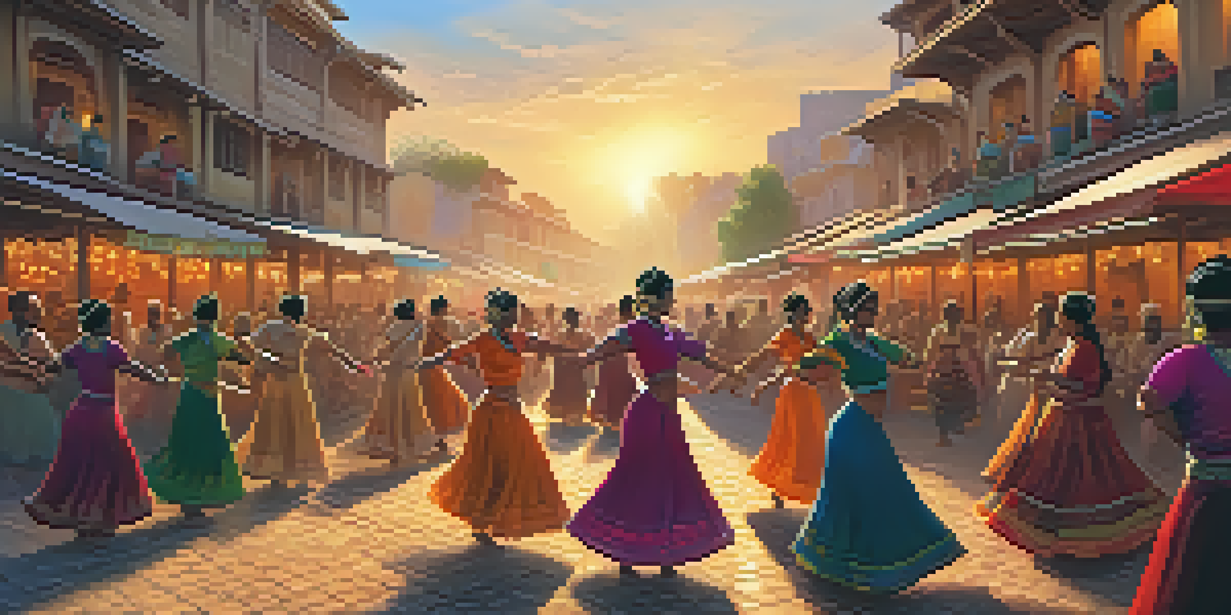 A lively traditional dance performance in a colorful marketplace, showcasing dancers in vibrant costumes and engaged onlookers, illuminated by sunset light.