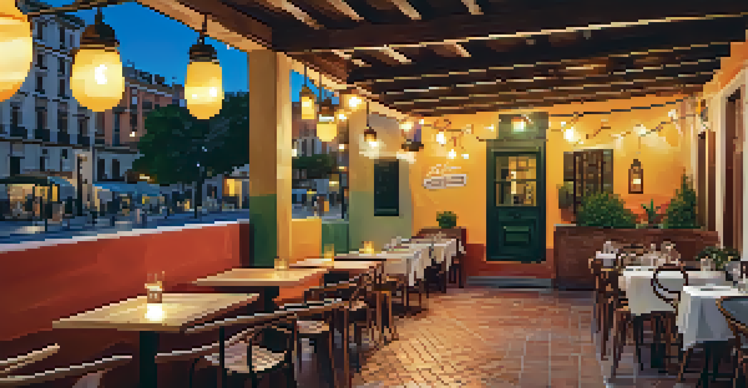 A patio of a dog-friendly restaurant in Madrid with a table set for dinner, a pasta dish, and a water bowl for a dog.