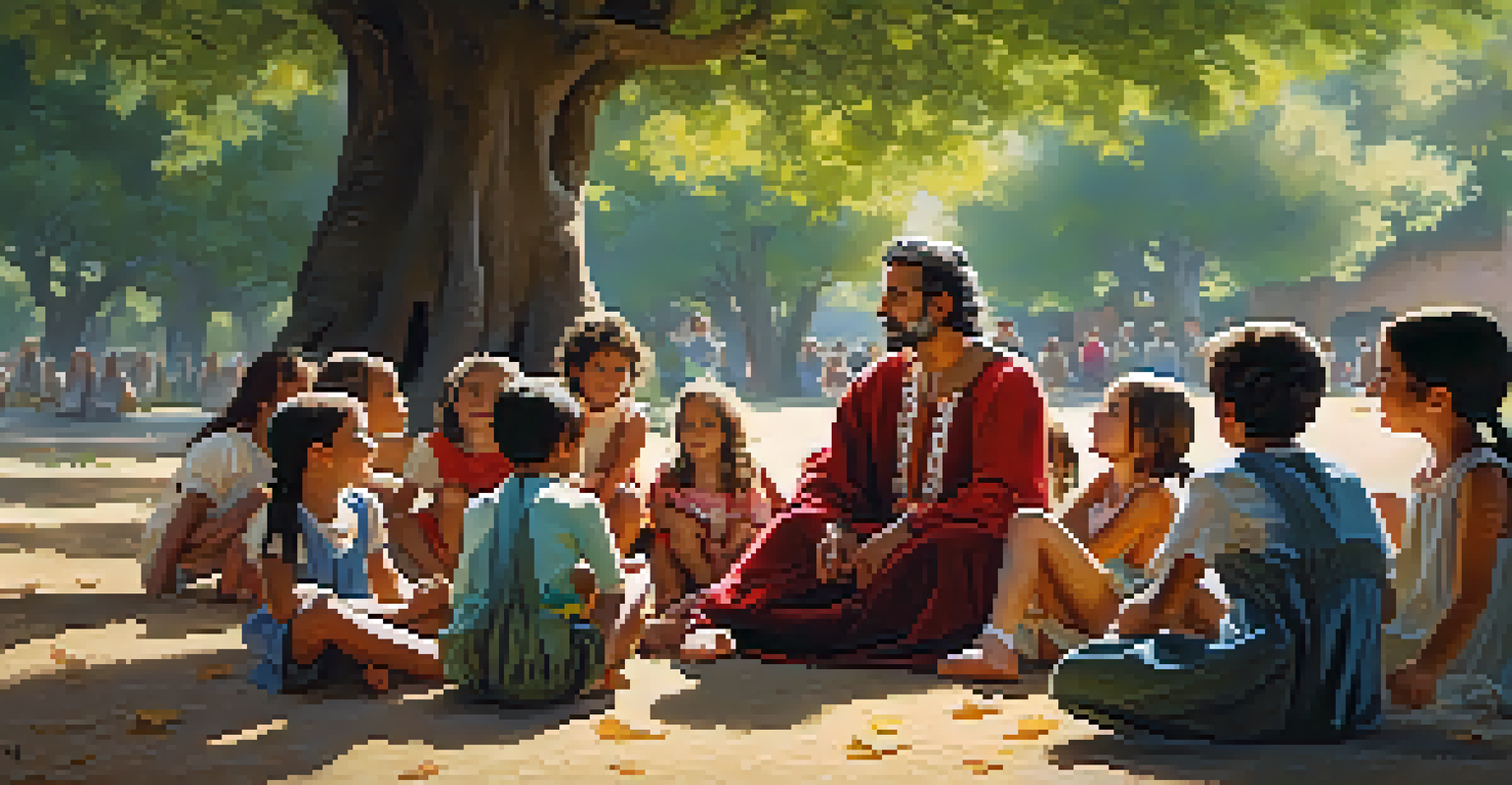 A Spanish storyteller sharing tales with children under an oak tree, with sunlight filtering through the leaves.