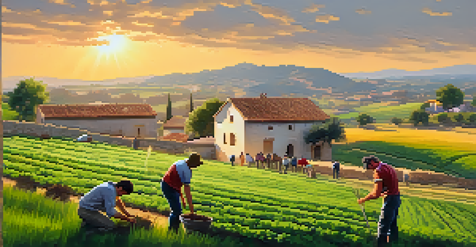 Volunteers planting crops in a lush green Spanish countryside, with a farmhouse in the background during sunset.