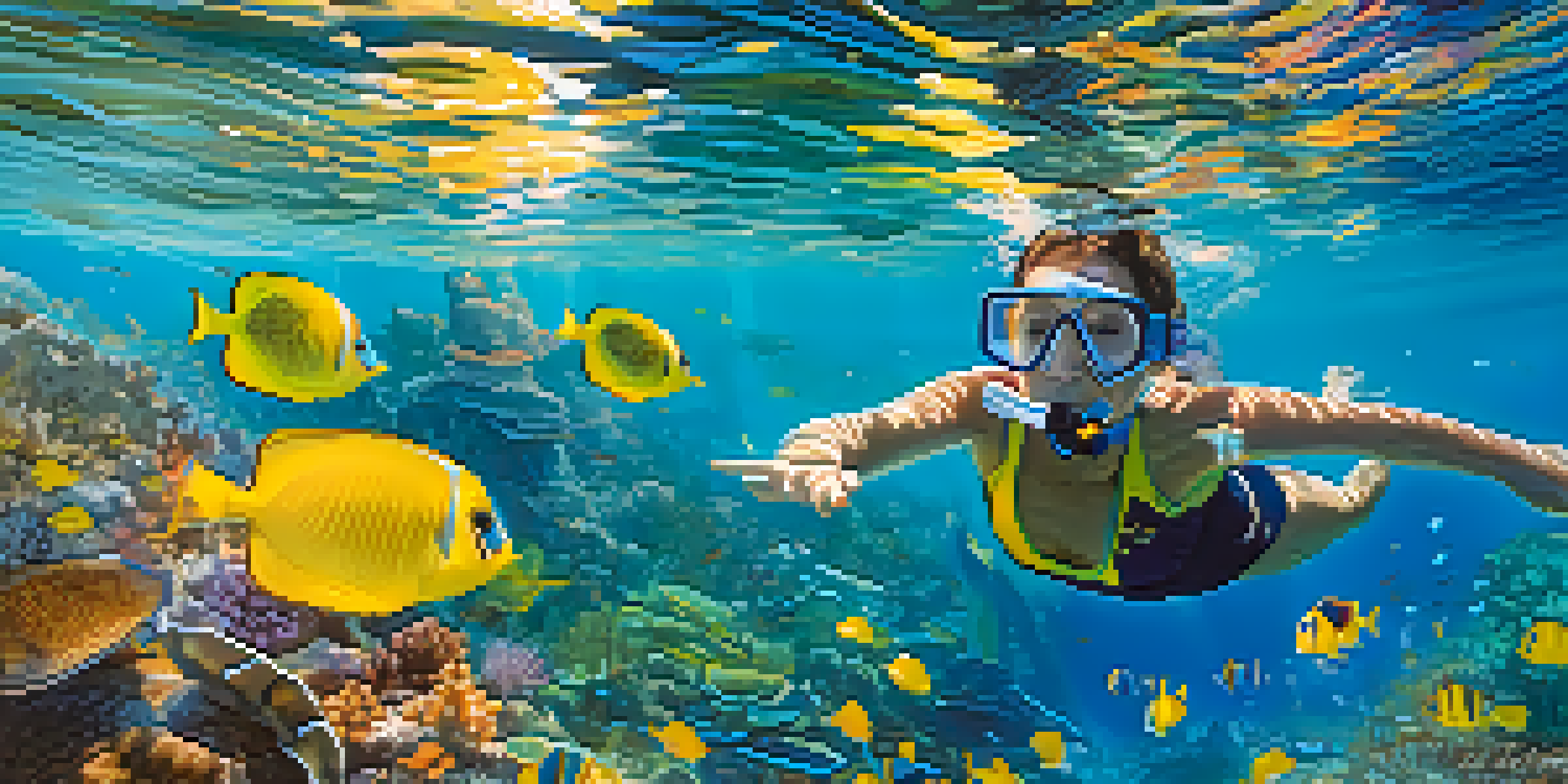 A family snorkeling in clear blue water filled with colorful fish and coral reefs in Costa Brava.