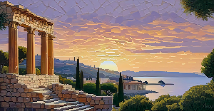 A sunset view over the ancient ruins of Empúries, showcasing Greek and Roman architecture and the Mediterranean Sea.