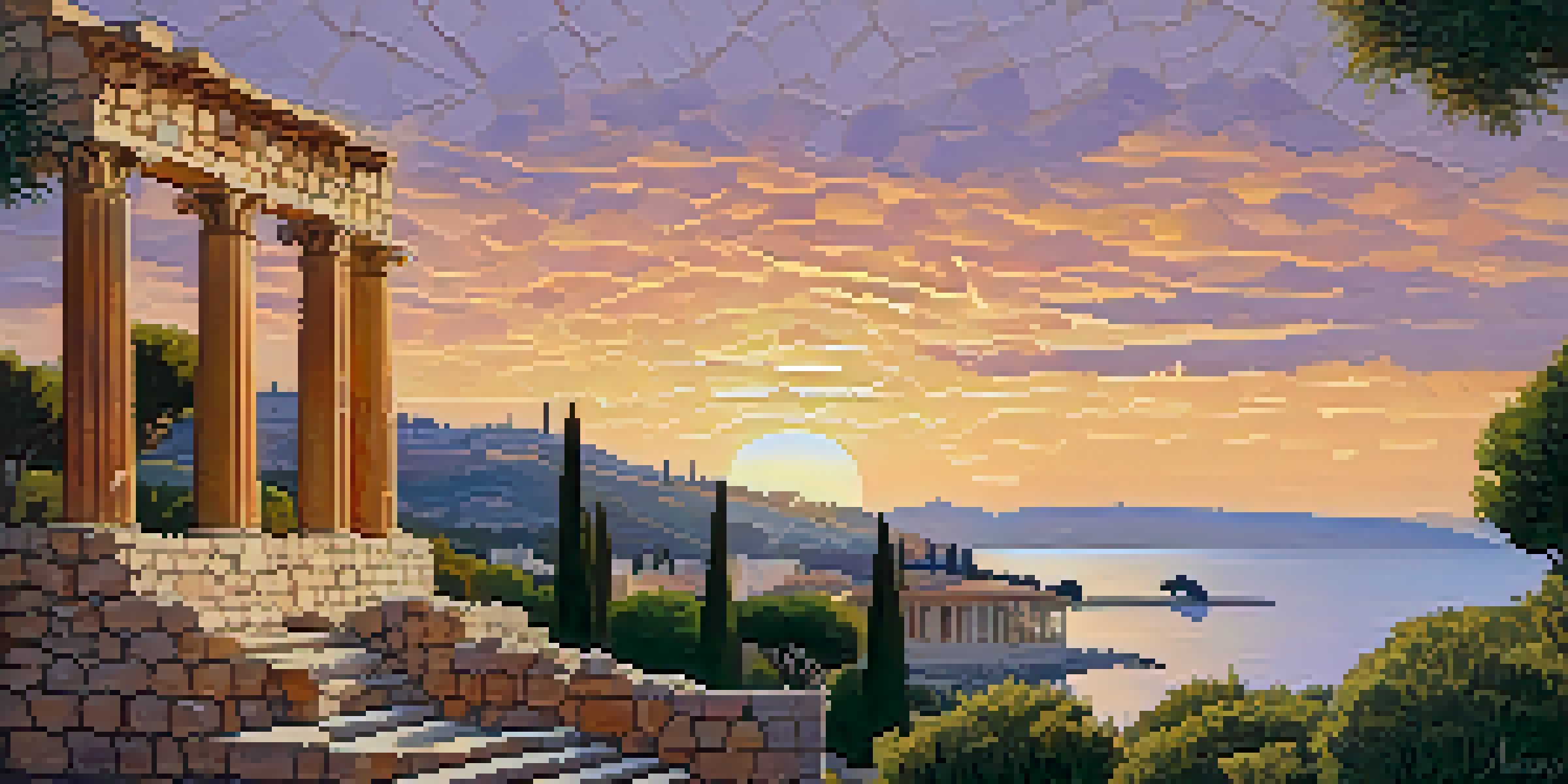 A sunset view over the ancient ruins of Empúries, showcasing Greek and Roman architecture and the Mediterranean Sea.