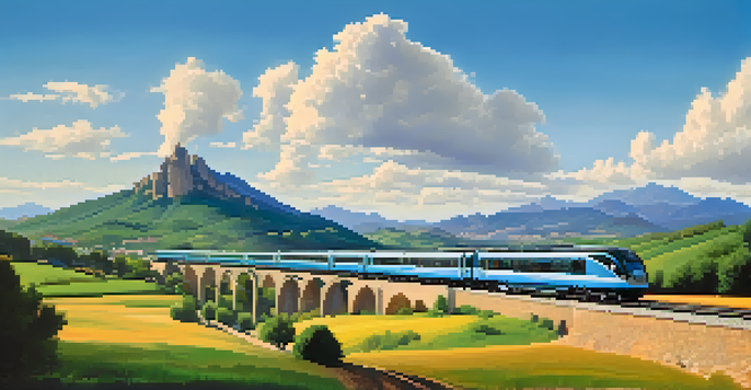 A train moving through the picturesque Catalan countryside with Montserrat mountains in the background under a clear blue sky.