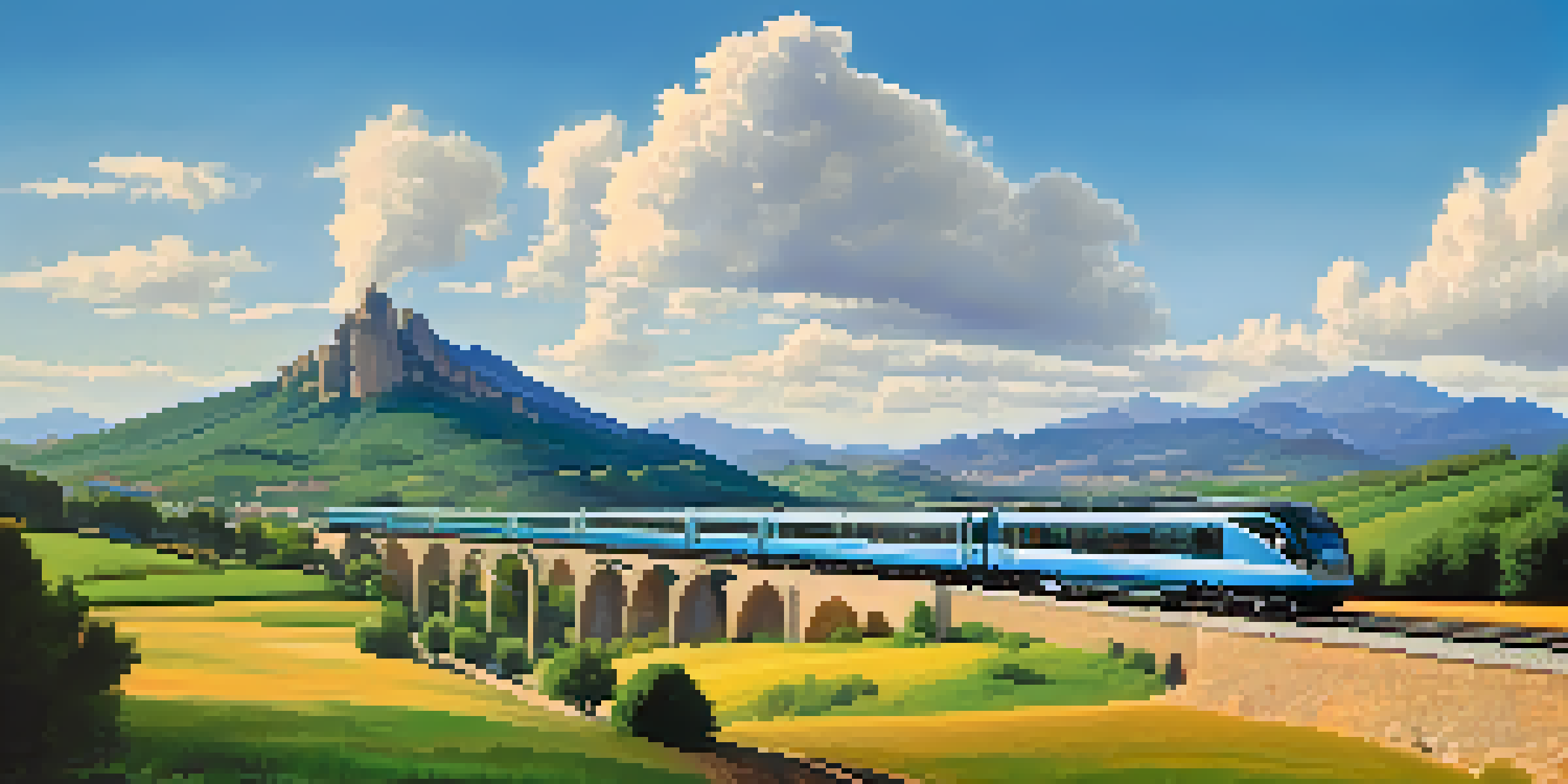 A train moving through the picturesque Catalan countryside with Montserrat mountains in the background under a clear blue sky.