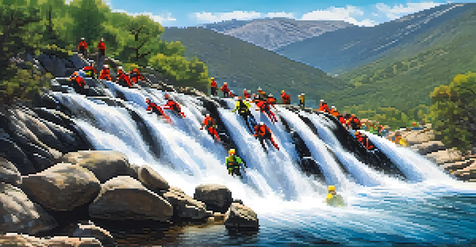 Participants in colorful wetsuits navigating through a canyon with waterfalls and lush greenery in the background.