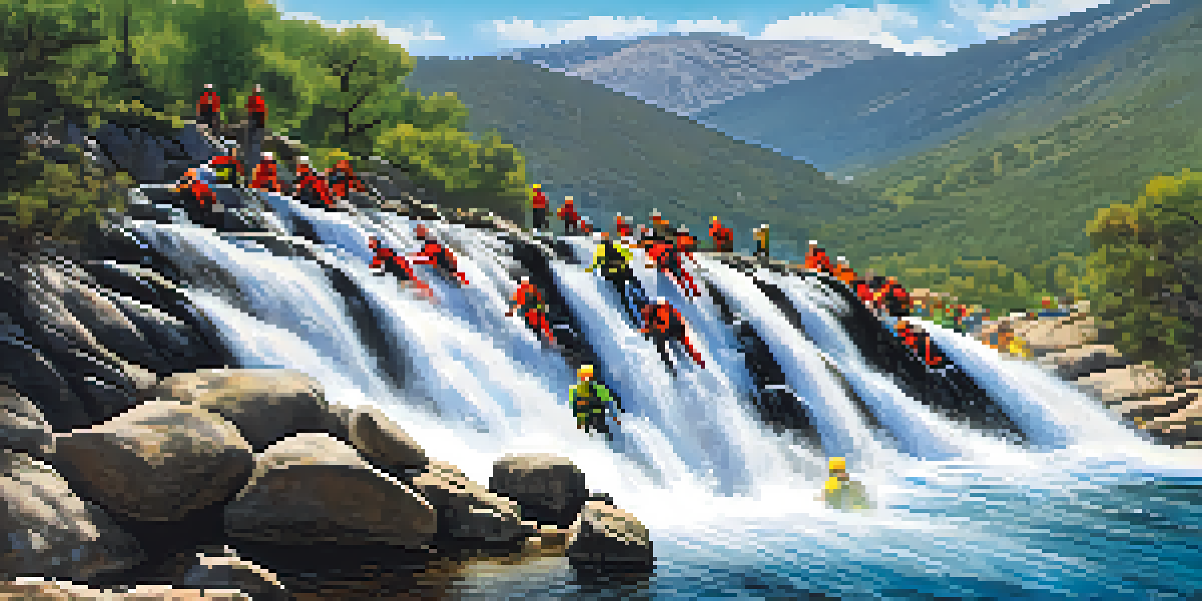 Participants in colorful wetsuits navigating through a canyon with waterfalls and lush greenery in the background.