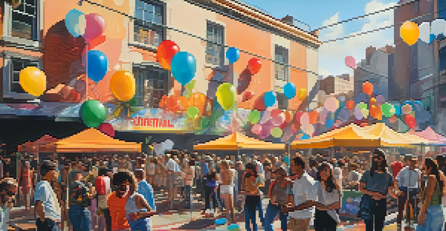 A lively street art festival with artists painting murals, spectators, and food stalls in a vibrant urban environment.