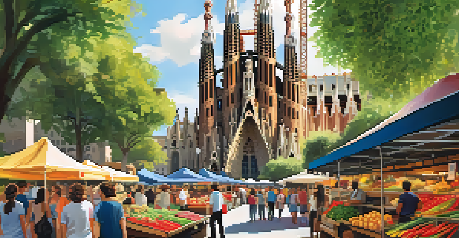 A lively street scene in Barcelona with the Sagrada Familia in the background and market stalls in the foreground, showcasing colorful produce and crafts.