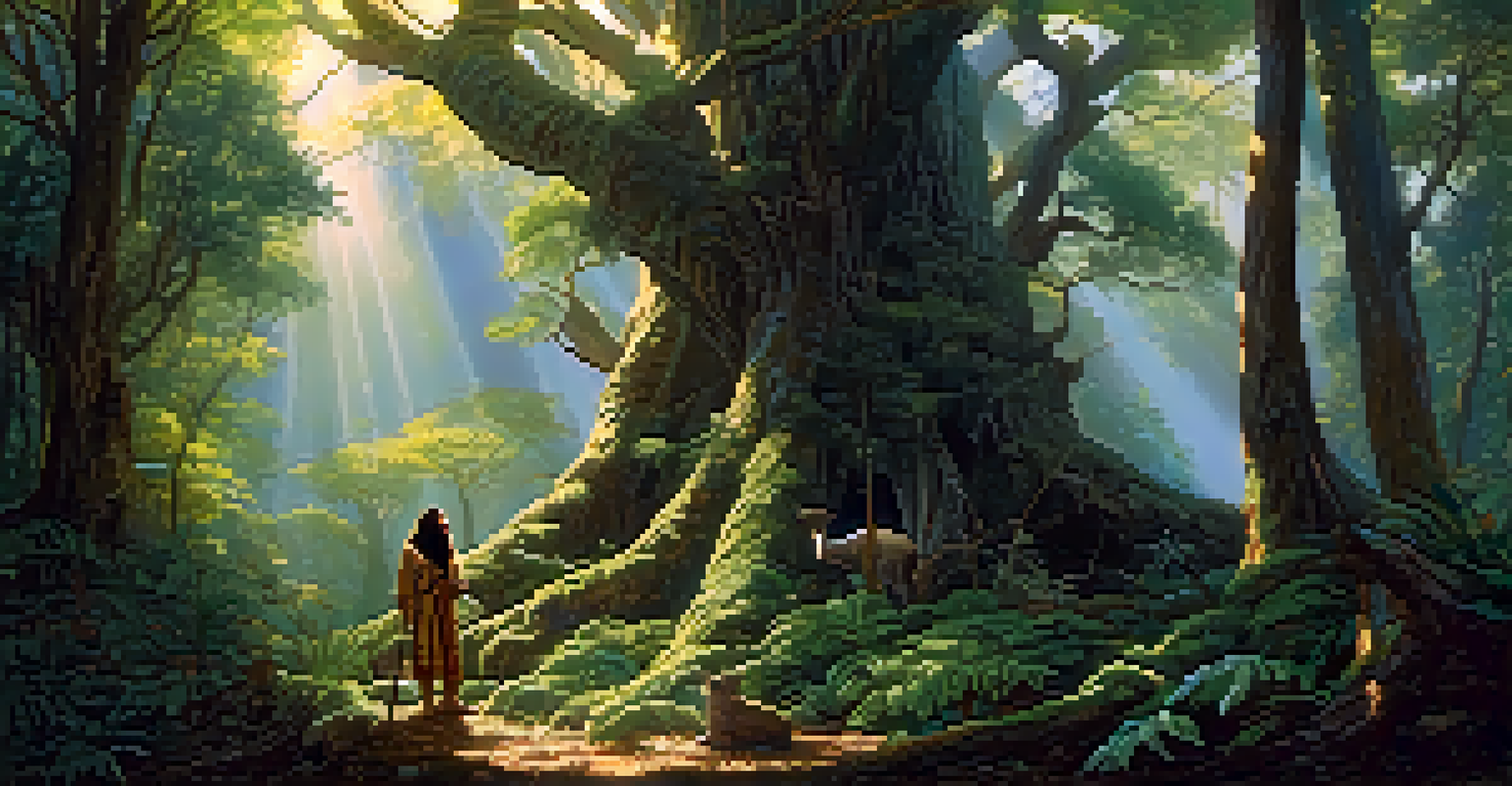 A mythical creature in a lush forest surrounded by trees and animals.