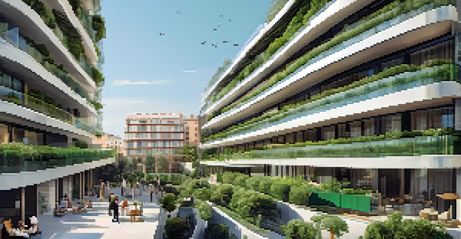 A modern eco-friendly hotel with green terraces in Barcelona, surrounded by guests and iconic Catalan architecture.