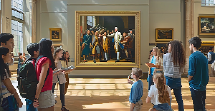 A group of diverse students engaging in discussions in a well-lit museum, surrounded by famous artworks and sculptures.