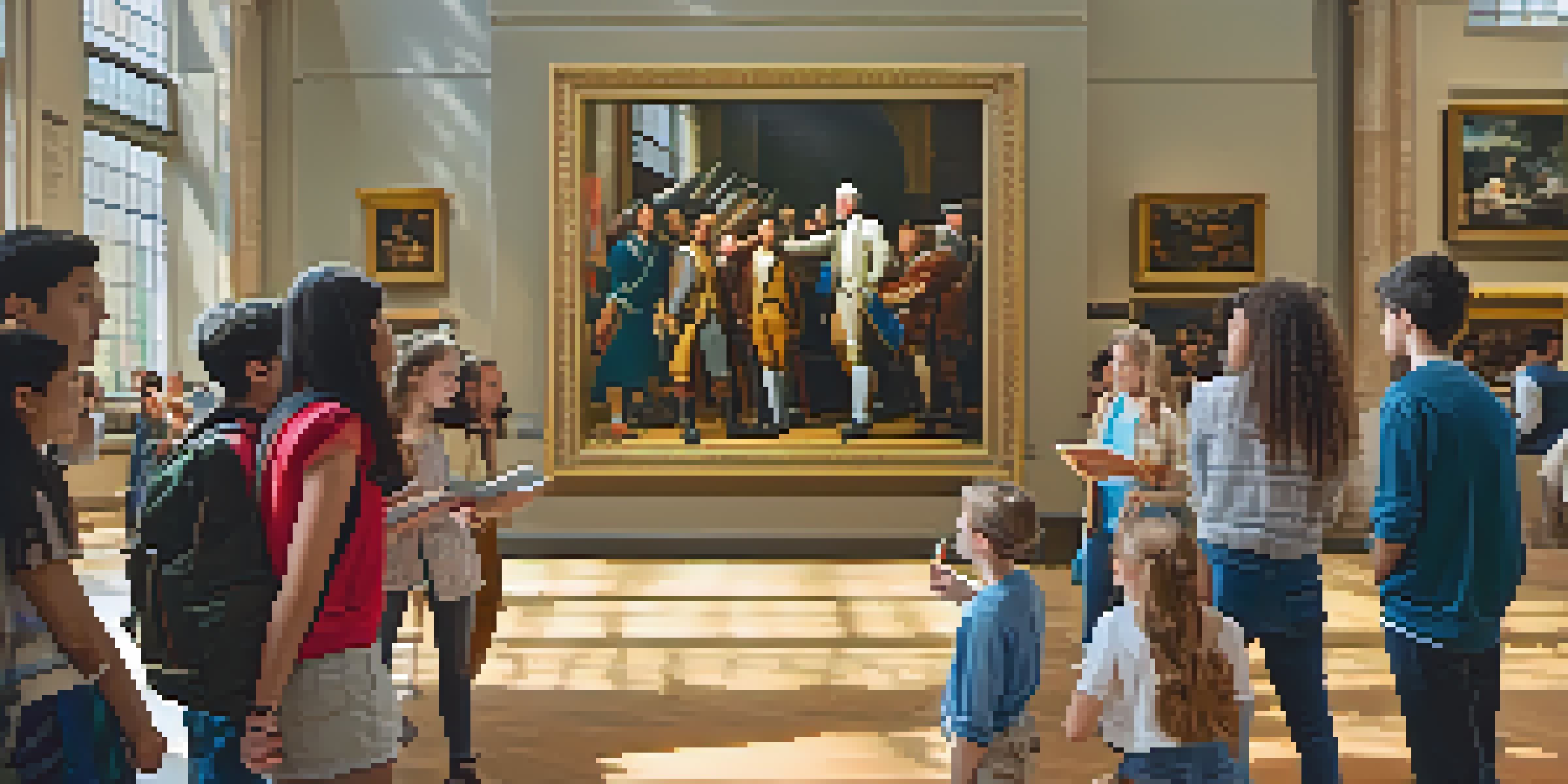 A group of diverse students engaging in discussions in a well-lit museum, surrounded by famous artworks and sculptures.