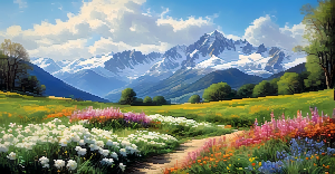 A scenic view of the Pyrenees mountains in spring, featuring colorful wildflowers and snow-capped peaks under a clear blue sky.