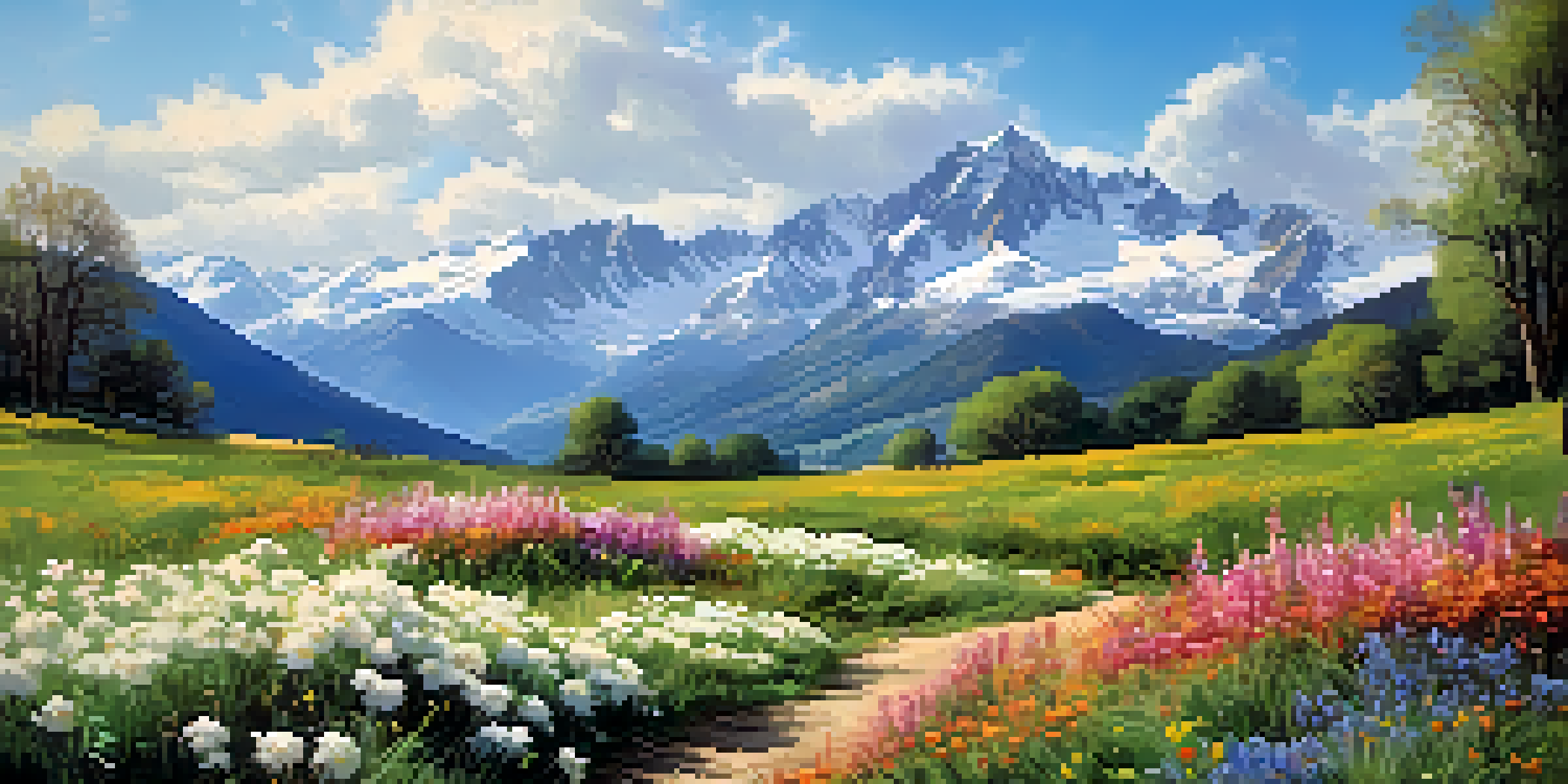 A scenic view of the Pyrenees mountains in spring, featuring colorful wildflowers and snow-capped peaks under a clear blue sky.