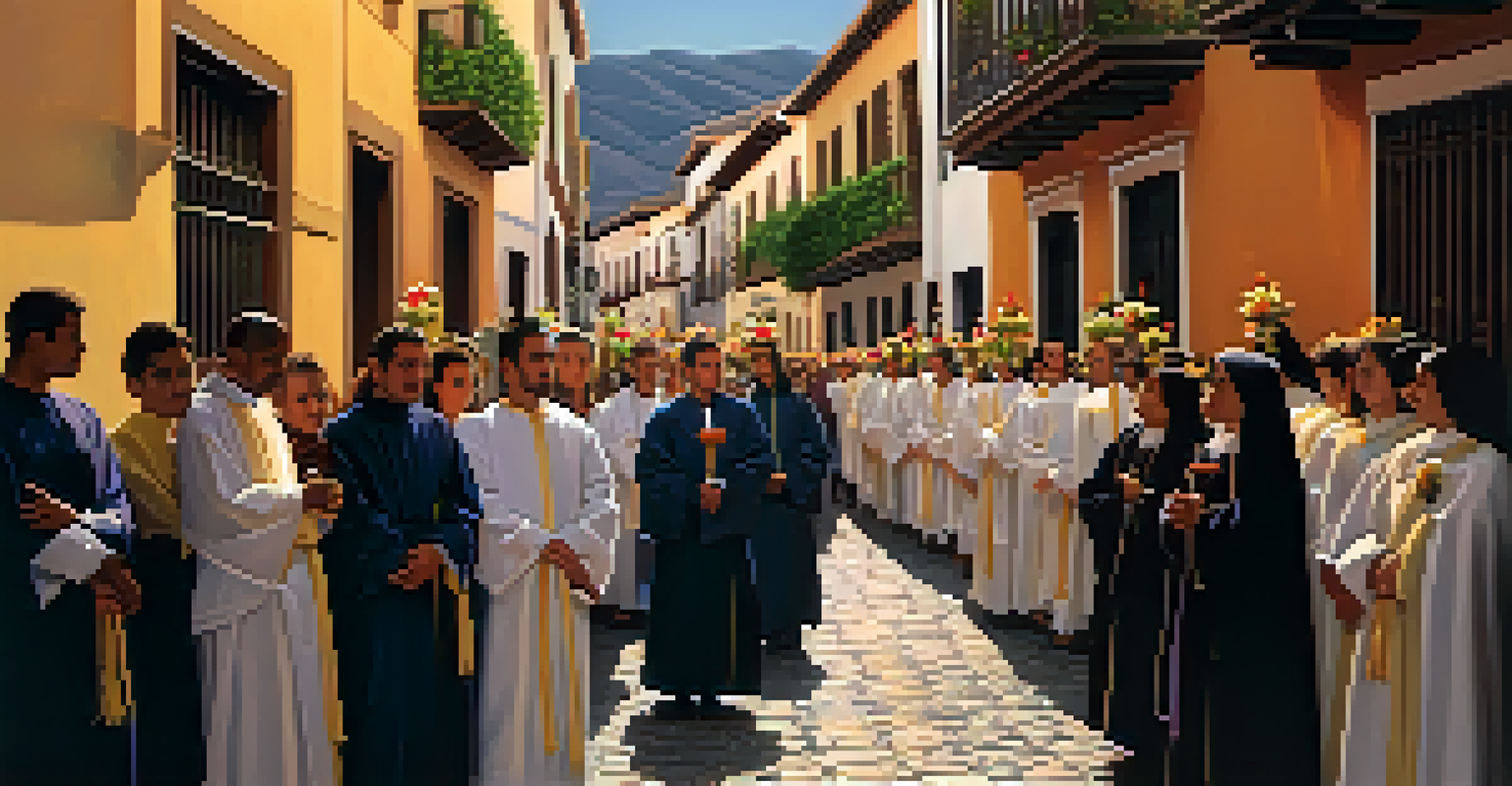 A quiet Semana Santa procession in Granada with locals gathered along a narrow street, carrying a simple float adorned with flowers.