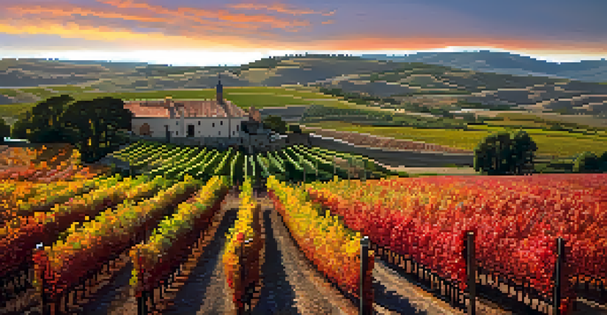 A scenic view of a vineyard in Ribera del Duero at sunset, with rows of grapevines and a river in the background.