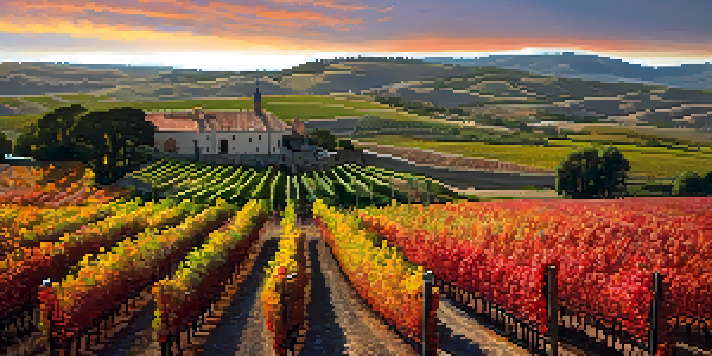 A scenic view of a vineyard in Ribera del Duero at sunset, with rows of grapevines and a river in the background.