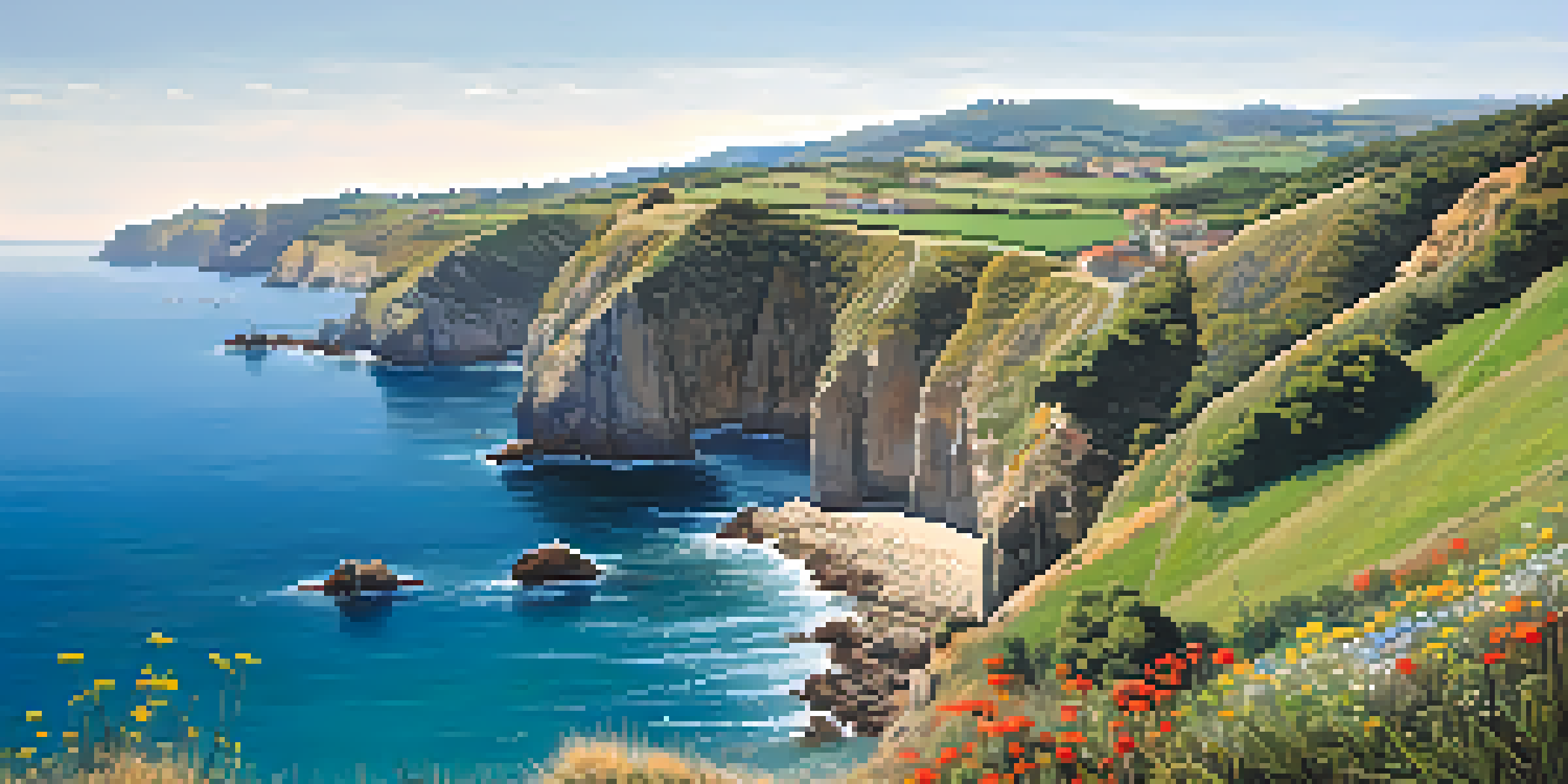 A scenic view of the Basque coastline with cliffs, turquoise sea, and a fishing village in the background.