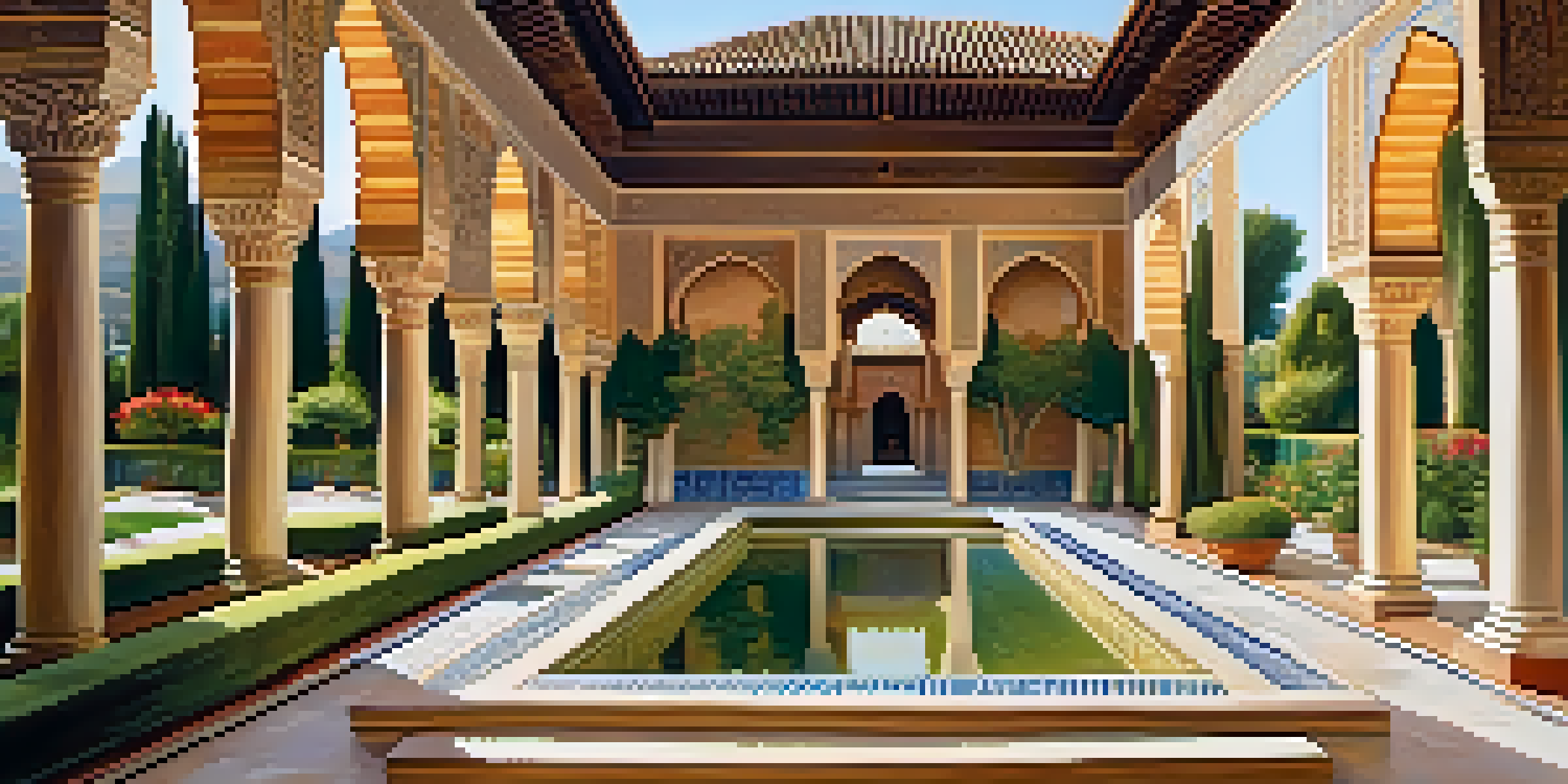 A tranquil scene of the Alhambra palace, featuring detailed Islamic architecture and lush gardens under warm sunlight.