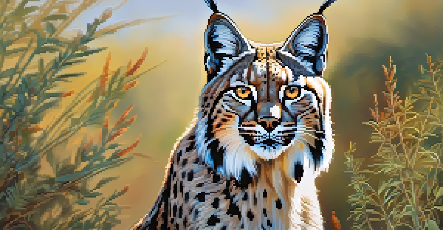 A close-up of an Iberian lynx in its natural habitat, surrounded by green shrubs and grass.