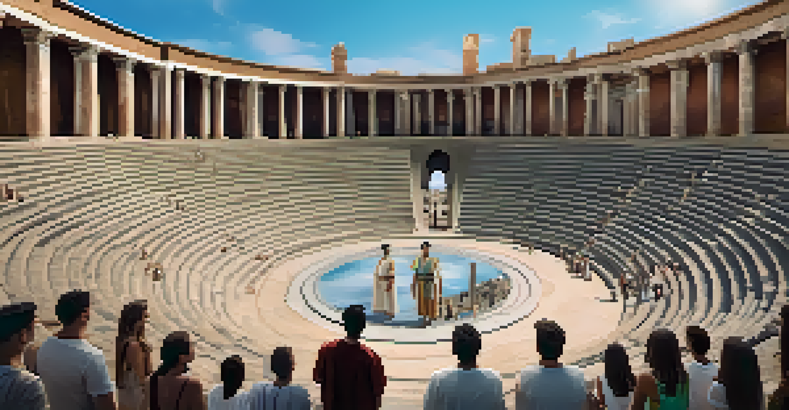 Visitors enjoying an augmented reality experience at the Roman Theatre, with digital actors performing in the foreground.