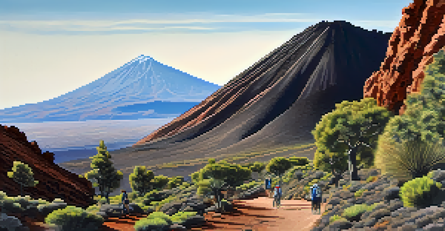 A hiking trail in Teide National Park with Mount Teide in the background, surrounded by diverse plants and clear blue sky.