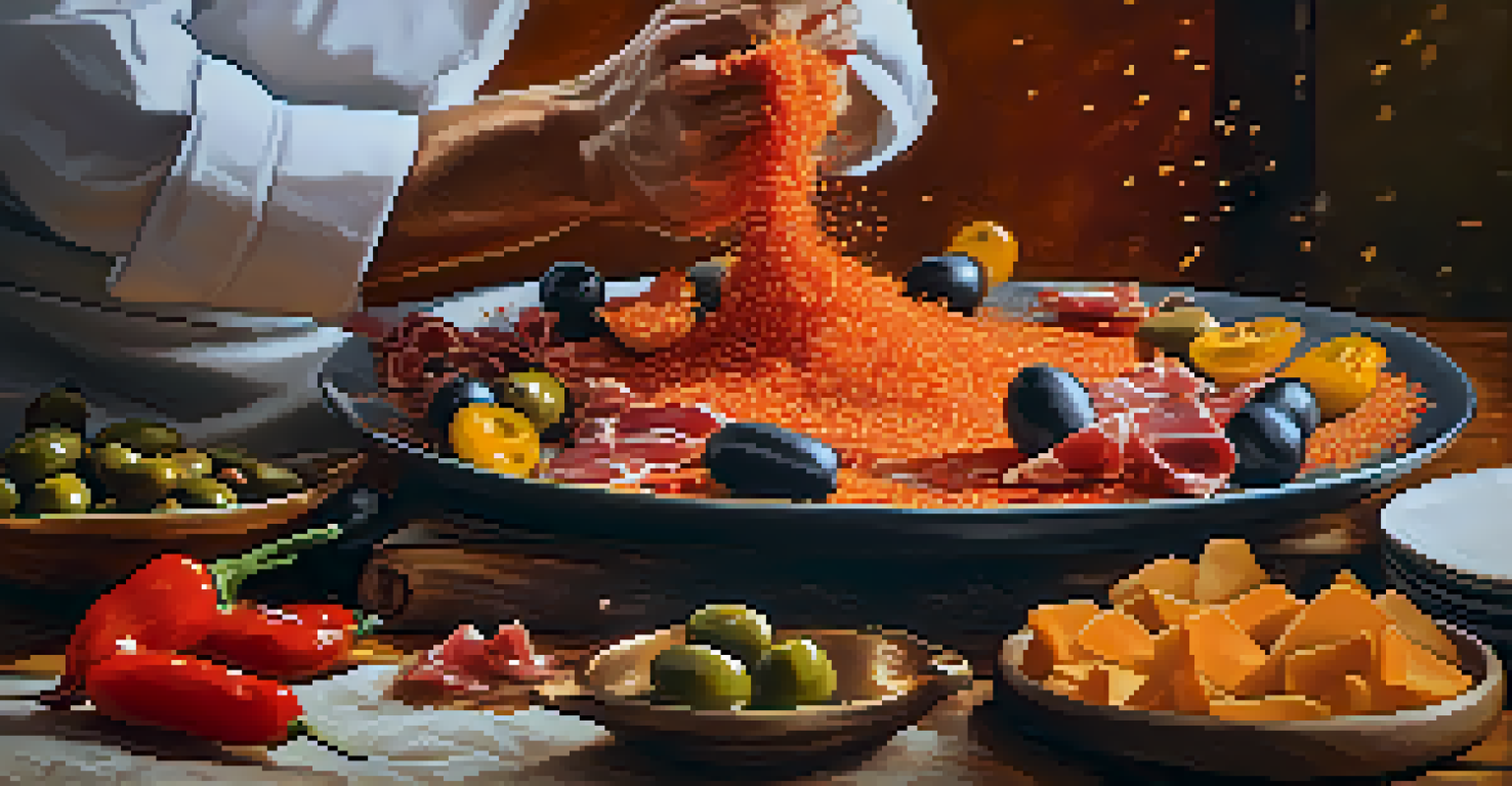 A chef sprinkling paprika over a vibrant plate of tapas with olives, cheese, and cured meats, showcasing the action of cooking.