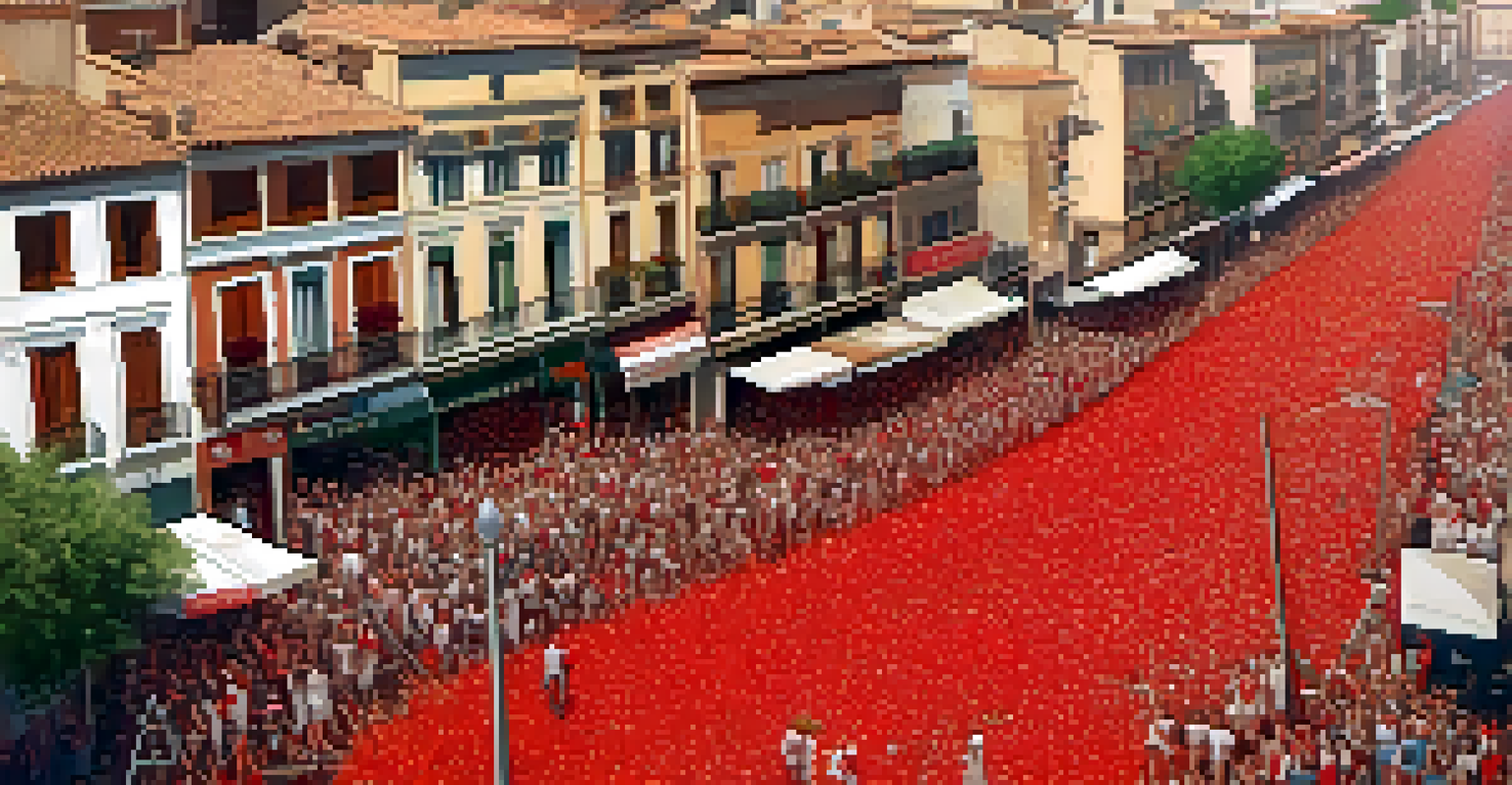 Aerial view of the streets post-La Tomatina festival, showing the red-stained pavement and volunteers cleaning up.