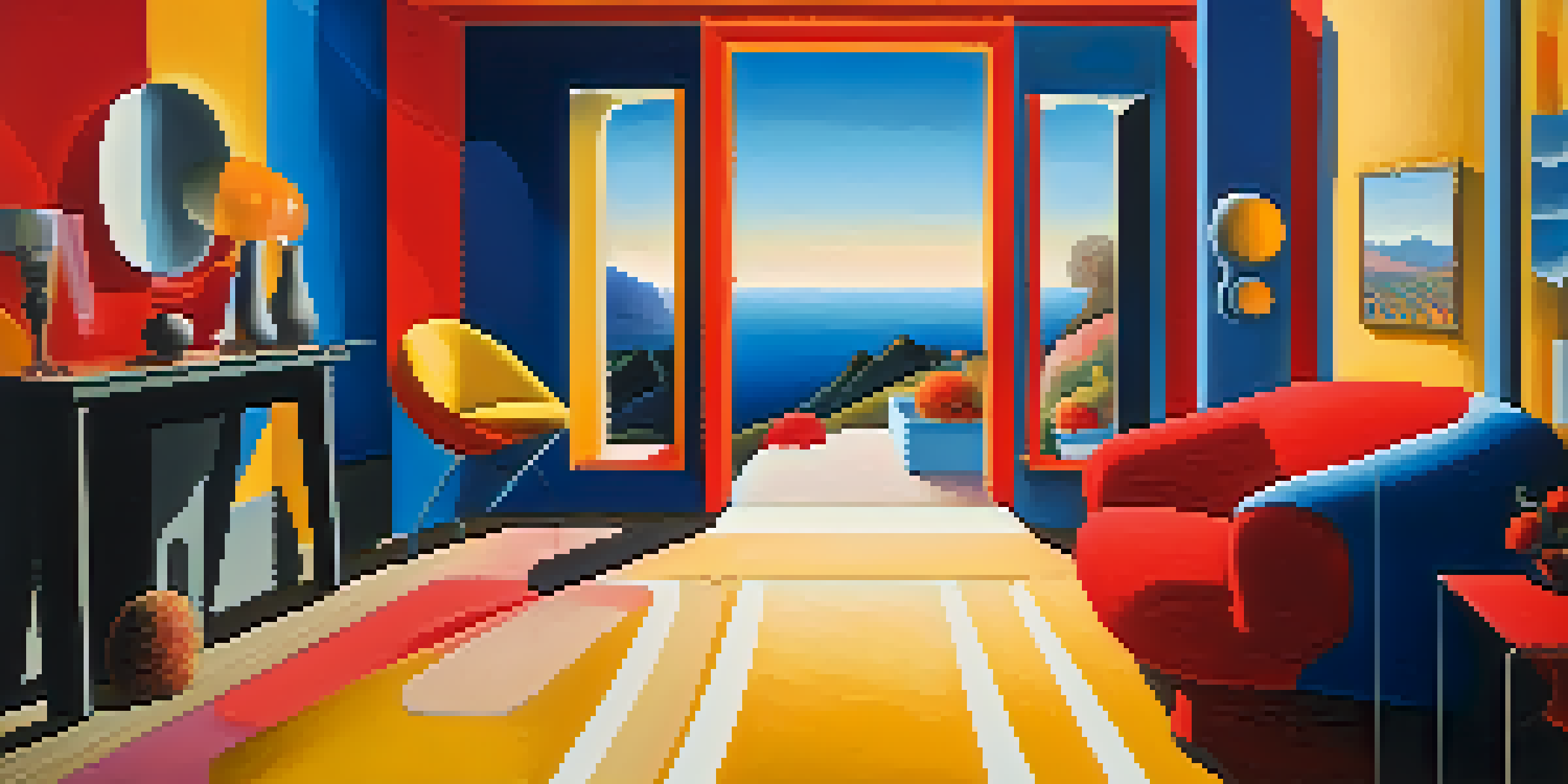 A colorful and abstract landscape inspired by Spanish Modernist art, with floating shapes and whimsical elements in a dreamlike setting.