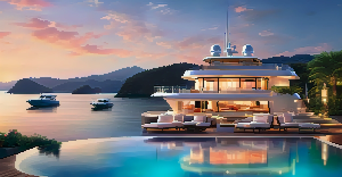 A luxurious private yacht anchored in a secluded bay during sunset, with a table set for dinner on the deck.