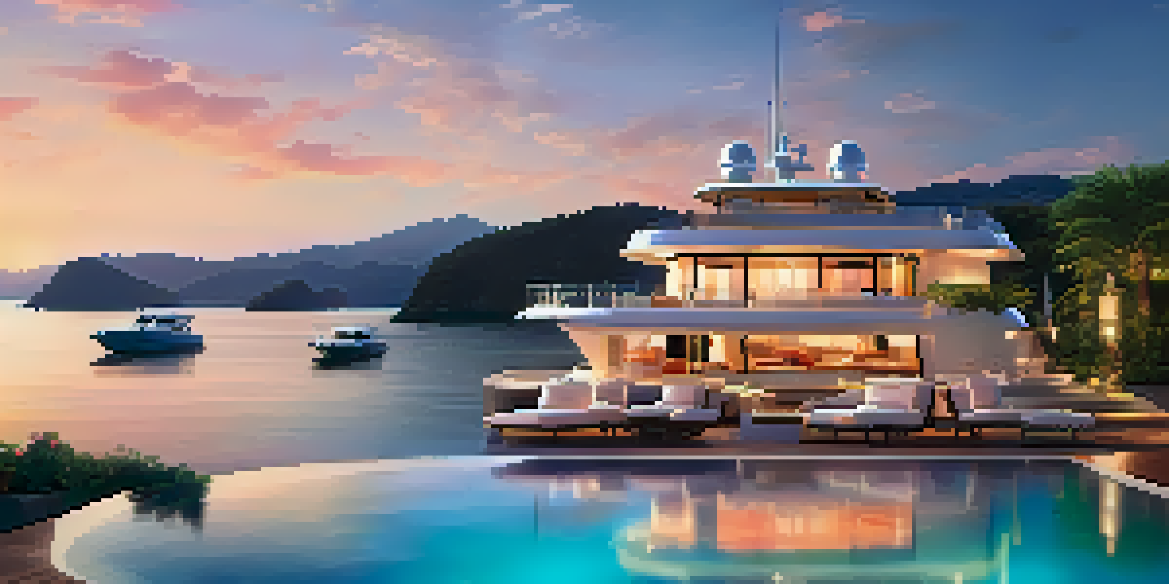 A luxurious private yacht anchored in a secluded bay during sunset, with a table set for dinner on the deck.