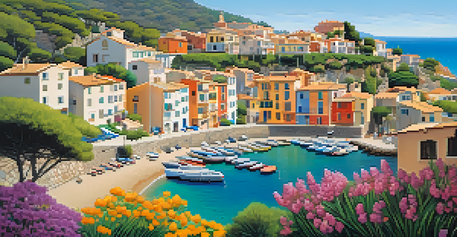 A charming seaside village on the Costa Brava in Spain, featuring colorful houses and a clear blue sky.
