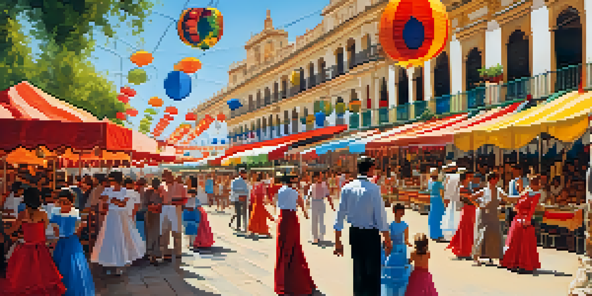 A lively street scene at the Feria de Abril in Seville, with families, colorful tents, and traditional flamenco dancers.