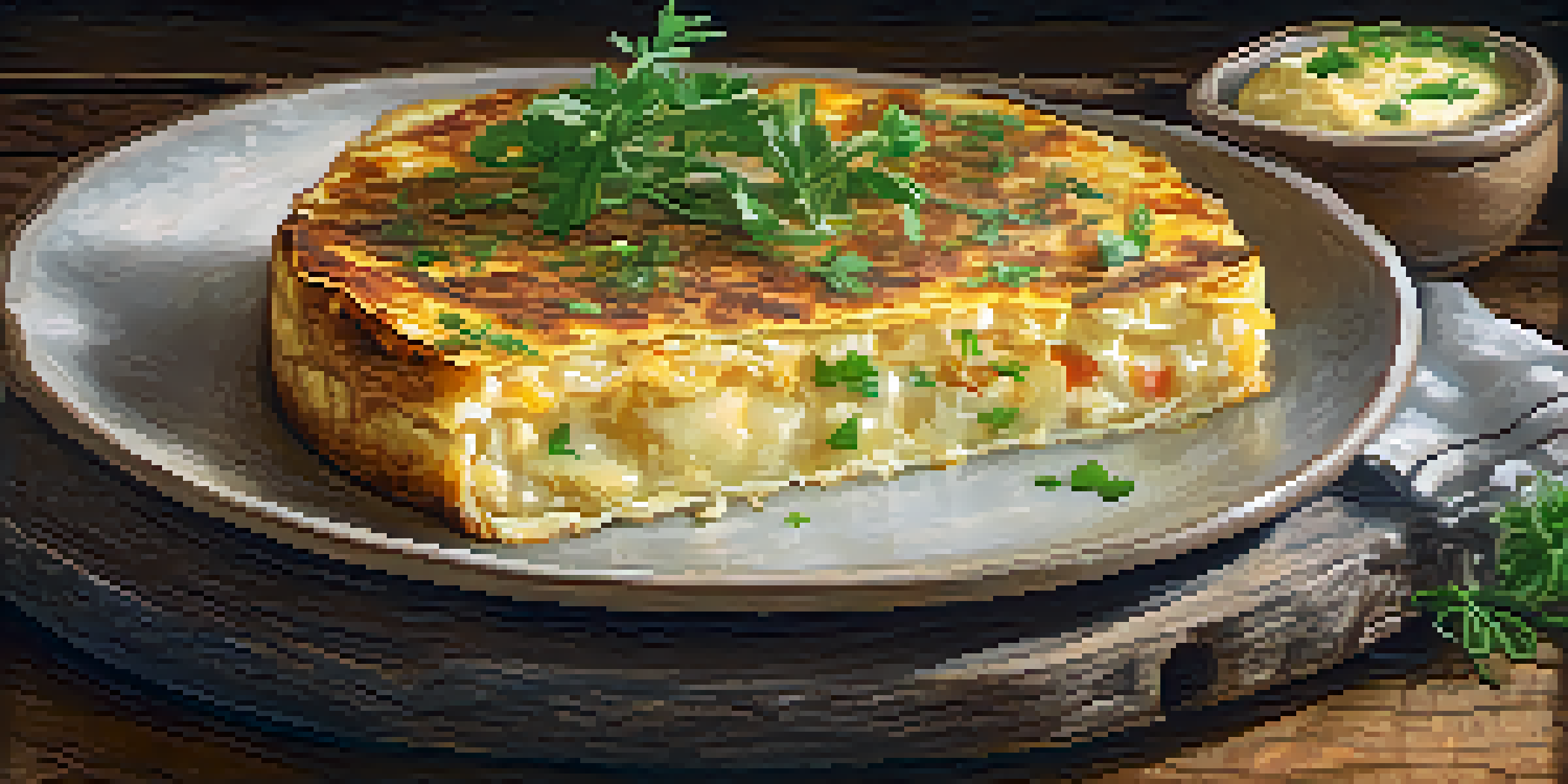 A golden brown Spanish tortilla served on a wooden table, garnished with fresh herbs in soft natural light.