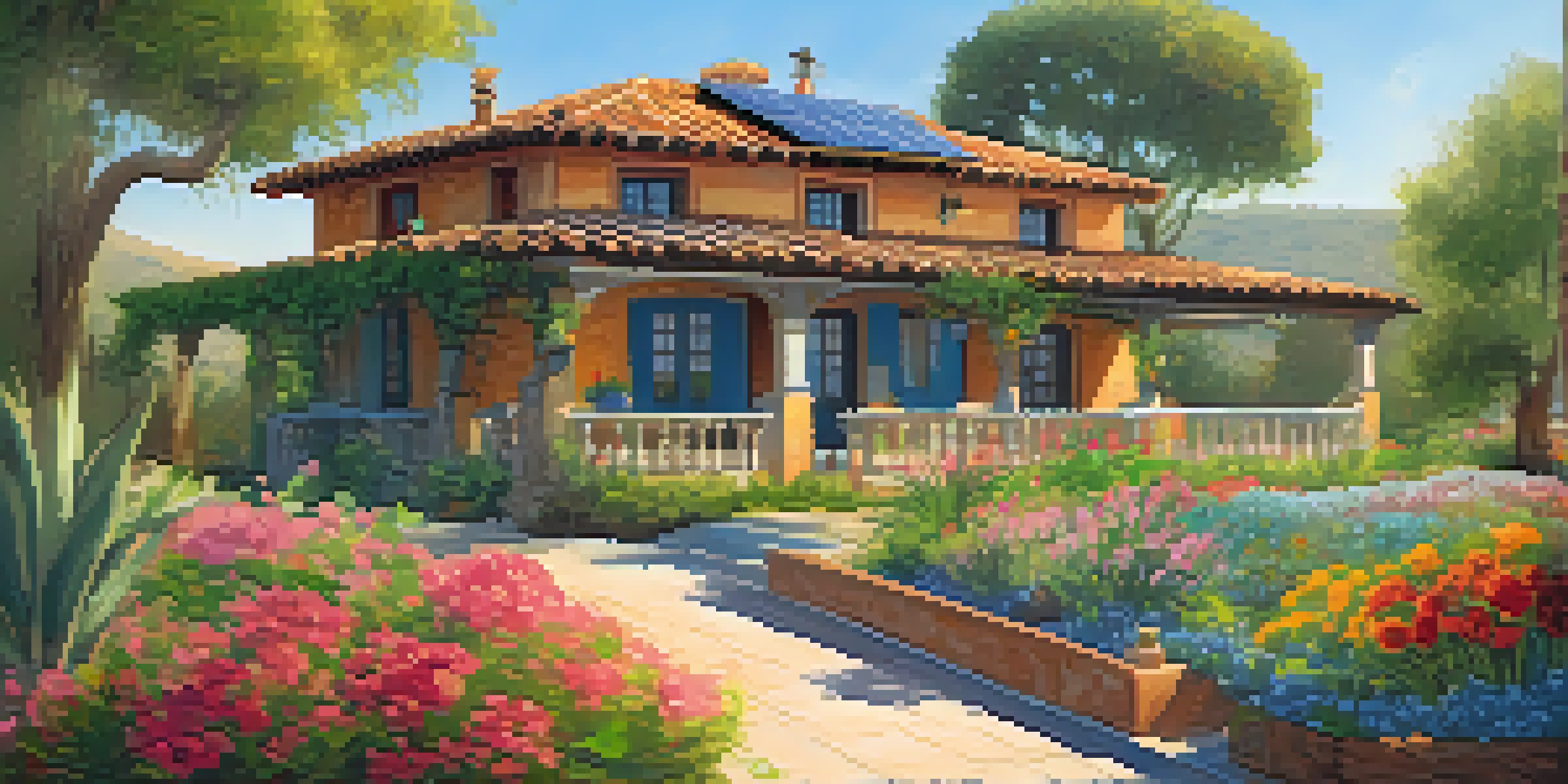 A charming eco-friendly bed and breakfast in a green landscape, showcasing solar panels and vibrant flowers under a clear blue sky.