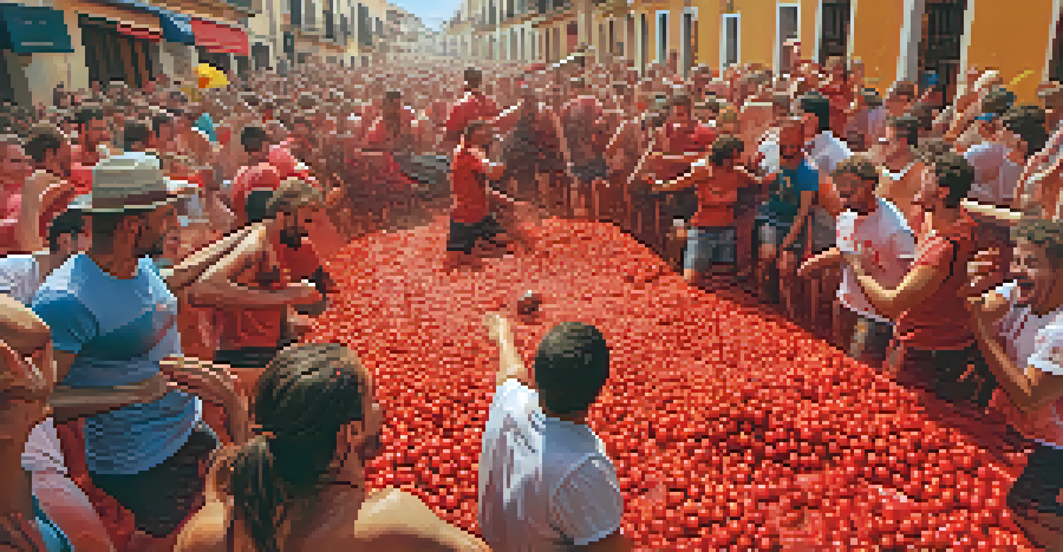 A fun-filled tomato fight during La Tomatina in Buñol, with participants joyfully throwing tomatoes in a vibrant setting.