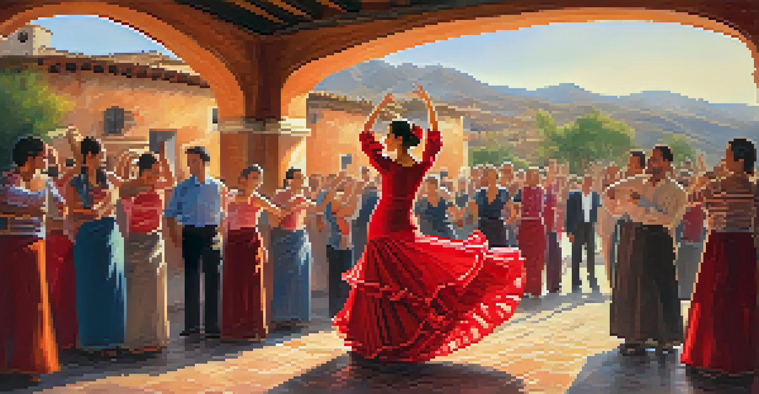 A flamenco dancer performs passionately in a colorful traditional setting, with an engaged audience in the background.