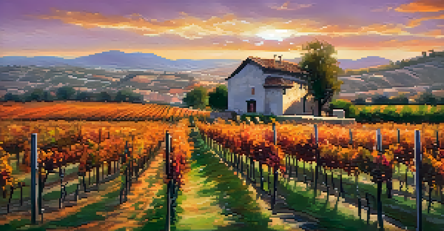 A picturesque vineyard in Spain at sunset, with rows of grapevines and a rustic farmhouse in the background.