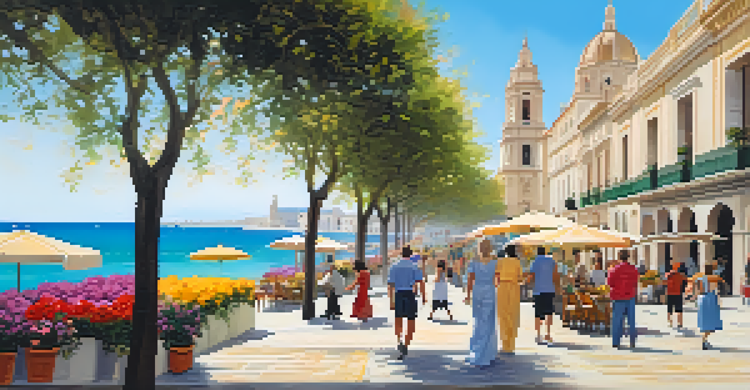 A street scene in Cadiz with the Cathedral and colorful buildings, capturing the lively atmosphere near the waterfront.