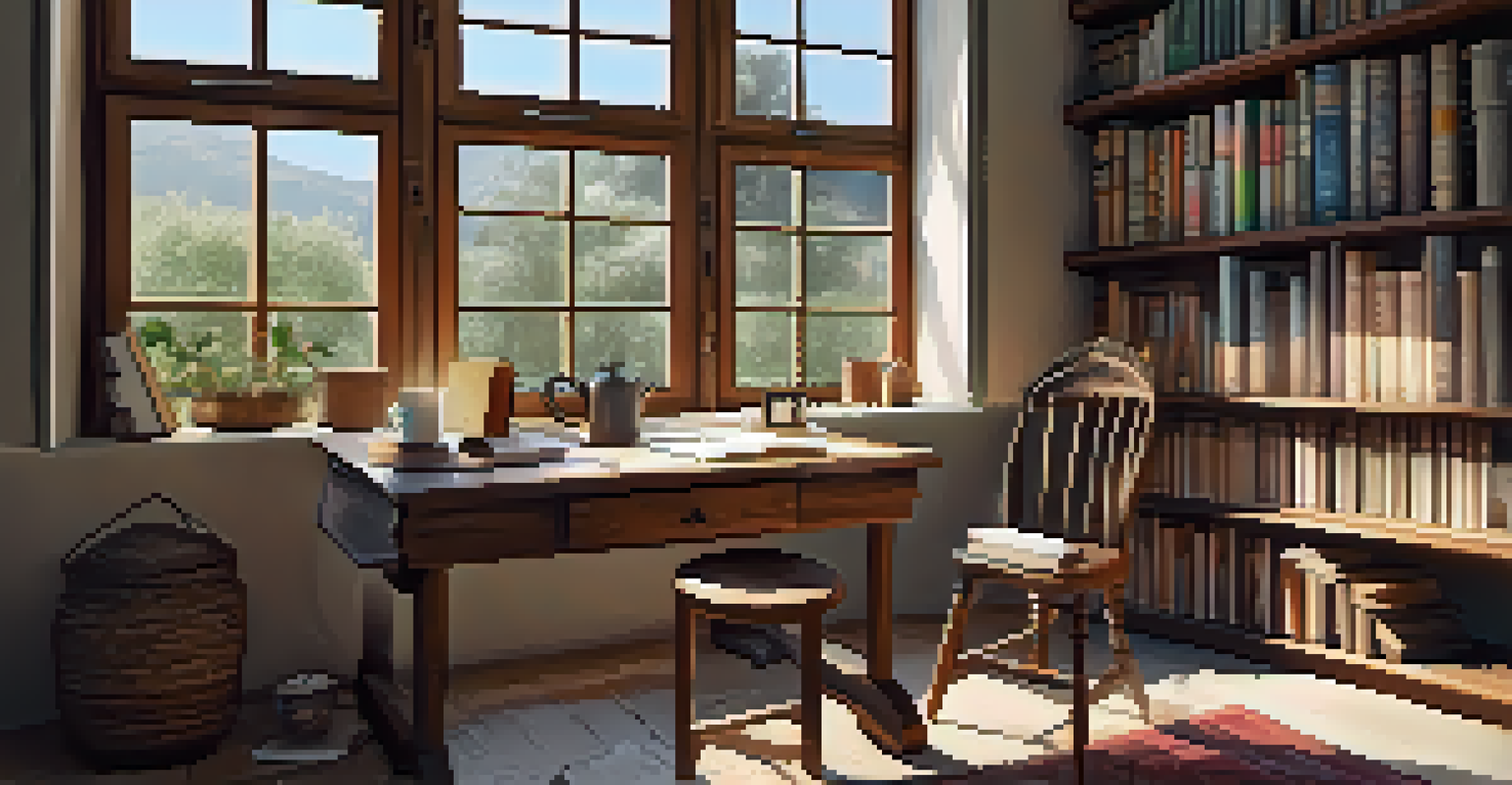 A cozy cottage writing space in Mallorca, with a desk, notebook, and a view of olive trees outside.