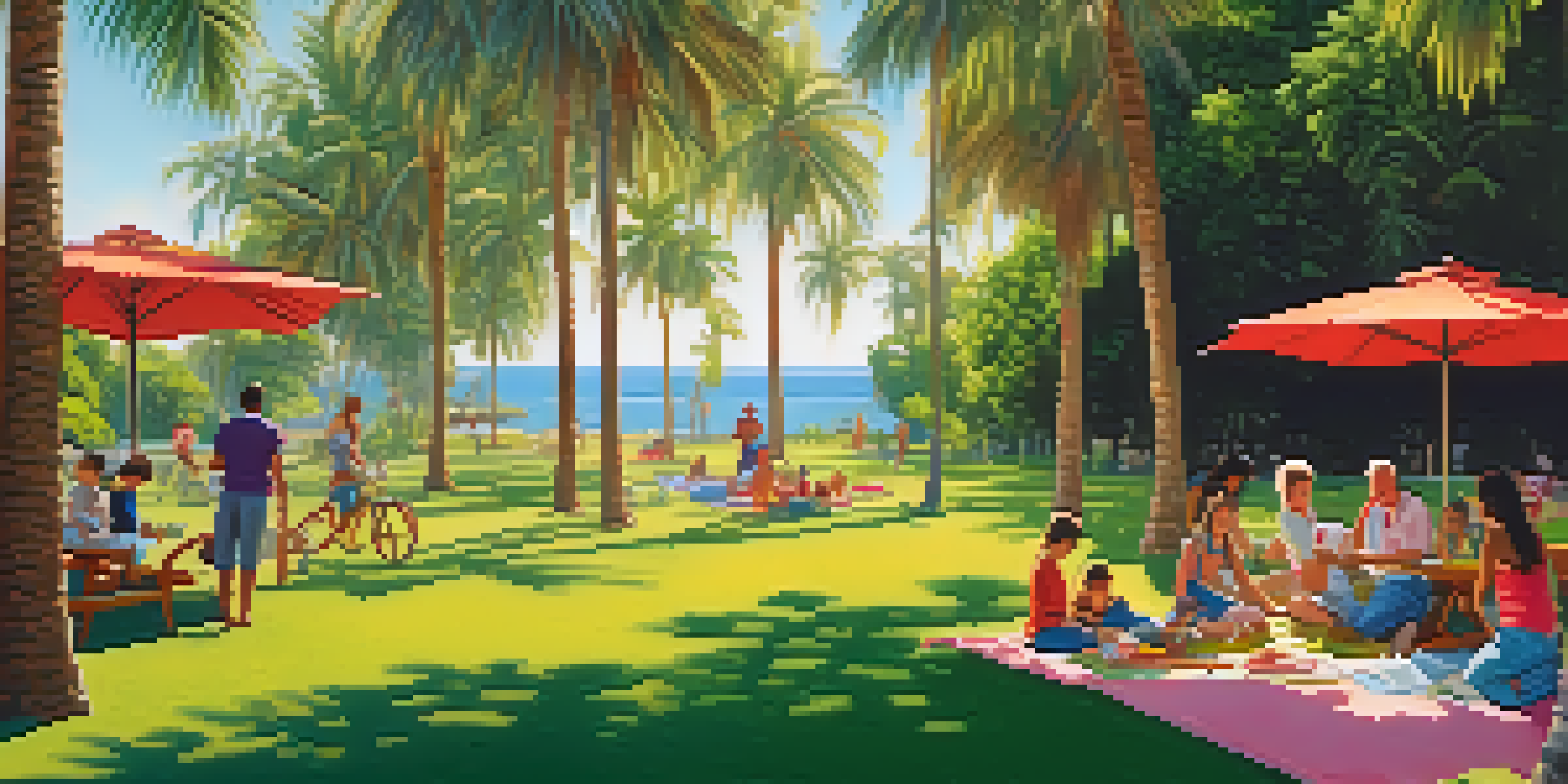 Families having a picnic under palm trees in Parque de la Palmera, with children playing and adults relaxing on blankets.