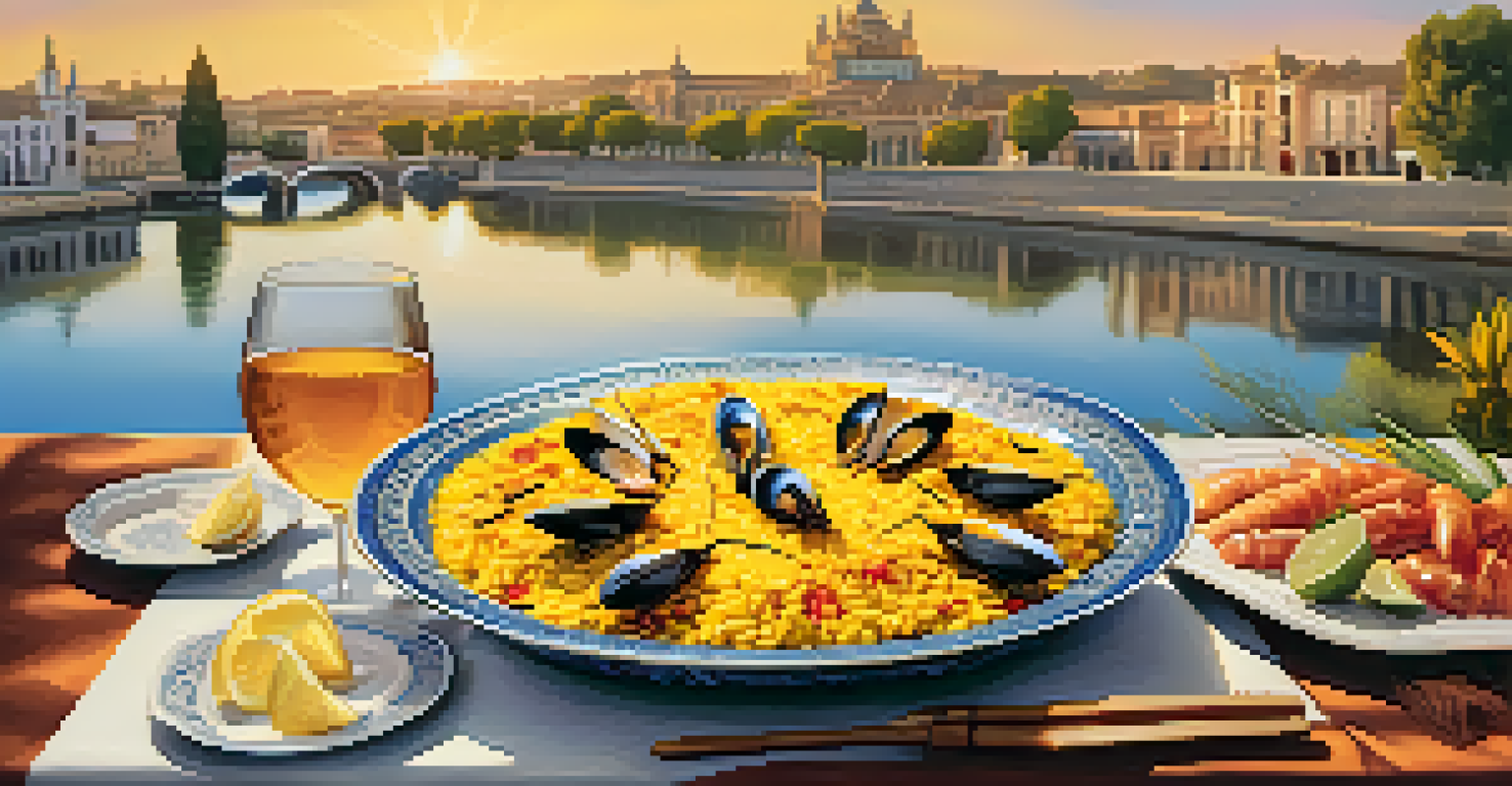 A vibrant plate of traditional paella by the riverside in Seville, showcasing saffron rice, seafood, and vegetables with a sunset reflection on the water.