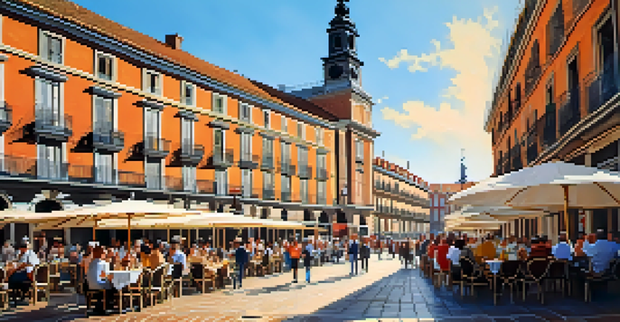 A lively scene of Plaza Mayor in Madrid, featuring people at café tables and street performers, with beautiful historic buildings.