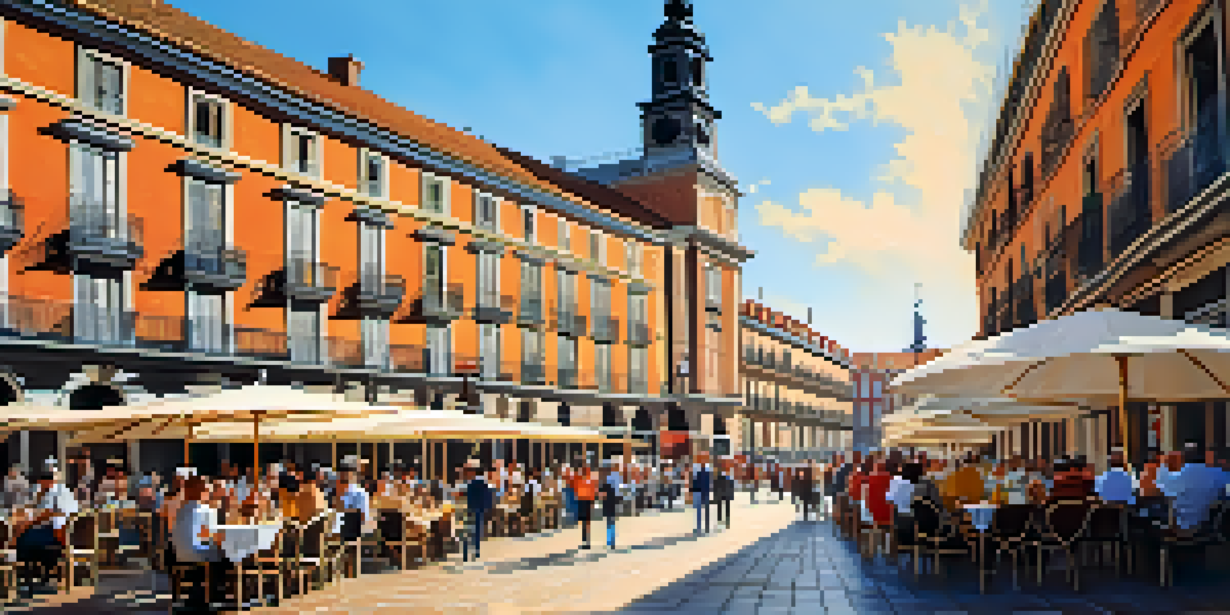 A lively scene of Plaza Mayor in Madrid, featuring people at café tables and street performers, with beautiful historic buildings.